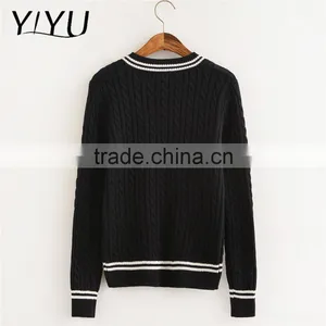 OEM Service Women White Stripes V-neck School Uniform Cable Knit Sweater thumbnail-4