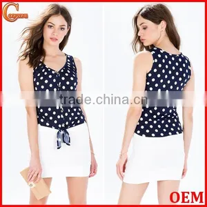 2015 Newest Style Dot Print Blouse Sleeveless Knot Front Chiffon Blouse thumbnail-1