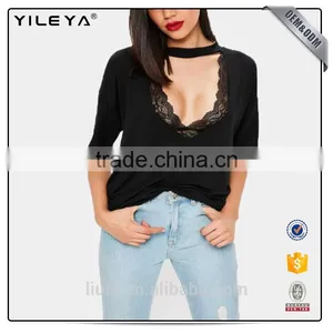 New Summer Fashion Women Black Cut Out Choker Neck, Scoop Neck Letter T-shirt thumbnail-1