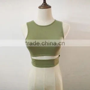 Cotton Crop Top Tank Top Hollow Plain Dyed Solid Army Green Sold By PC thumbnail-2