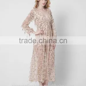 New Long Sleeves Deep V Sexy Dress Net Yarn Tassel Sequins Pictures of Long Skirts Ladies Formal Skirt and Blouse thumbnail-3