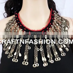 Vintage Necklace, Gypsy, Bohemian,Large Big, Jeweled, Belly Dance, Ethnic Tribal Boho Necklace, Afghan Jewelry thumbnail-2