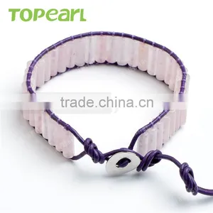 Topearl Jewelry Rose Quartz Bracelet Woven Leather Wrap Bangle 7.5 Inches CLL122 thumbnail-2