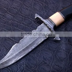 Custom Handmade Damascus Bowie Hunting Knife Damascus Thumb GUARD ( 1095 Steel and 15N20 Steel ) thumbnail-1