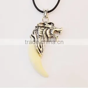 Retro Cool Men's Charm Choker Wolf Tooth Pendant Genuine Leather Alloy Necklace thumbnail-2