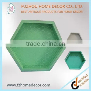 Wooden Hexagon Wall Shelf With Metal Mesh /chrome Wire Shadow Box thumbnail-4