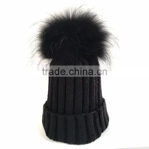 Myfur Fashion Detachable Raccoon Fur Pom Poms Knit Beanie Cap for Adults thumbnail-1