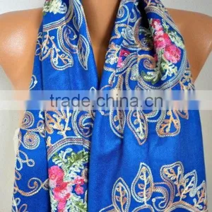 Royal Blue Embroidered Scarf Shawl Cowl Women Fashion Accessories Gift Ideas For Her Women Scarves Best Selling Item Scarf thumbnail-2