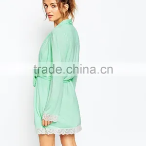 Soft Touch Jersey Fabric Open Front Lace Trim Bath Robe for Lady thumbnail-3