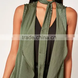 Light Weight Crepe Sleeveless Cardigan Women's Khaki Green Waistcoat thumbnail-6