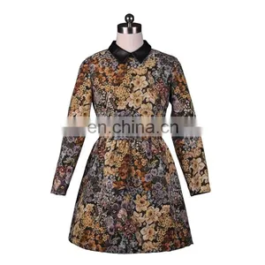 China Wholesale Latest Designs Leather Collar Long Sleeve Floral Print Dress thumbnail-1