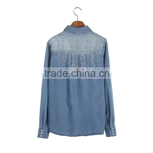 China Wholesale European Blue Long Sleeve Jean Womens Denim Jacket for Ladies thumbnail-3