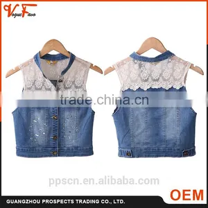 OEM Design Off-shoulder Sleeveless Coat Blue and White Color Jeans Lace Custom Denim Outdoor Life Women Jacket for Denim Jacket thumbnail-1