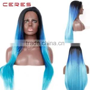 Synthetic Hair Black Root Blue Ombre Straight Lace Front Wig Hair Wigs thumbnail-1