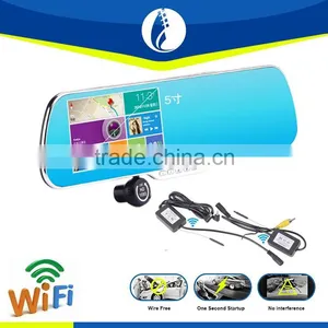 Wireless Wifi Transfer Android Bluetooth Rearview Mirror Handsfree Car Kit Monitor + Wireless Backup Reverse Camera thumbnail-2