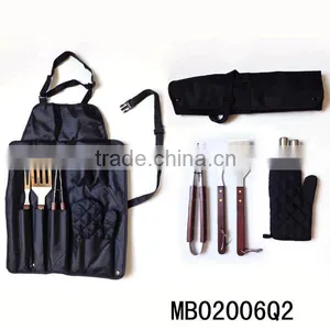 Professional-wooden Handle Grade Stainless-Steel 7-Piece BBQ Apron and Utensil Set thumbnail-1
