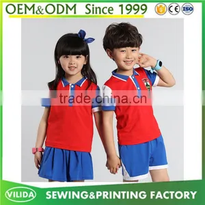 Good Quality Kindergarten Uniform Fashion Primary School Uniform Red Polo Shirt and Bule Shorts or Skirt thumbnail-1