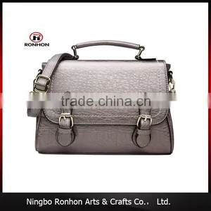 Elegant Silver PU Leather Hand Bag With White Decorative Thread thumbnail-1