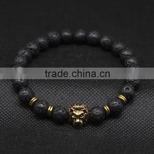 Antique Gold and Silver Plated Leo Lion Head Lava Stone Beads Charm Bracelet thumbnail-1