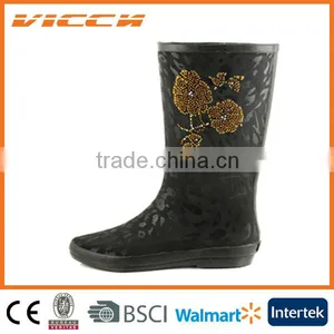 Gold Flower Comfortable Fashion Woman Lady China Fabric Rubber Rain Boots thumbnail-1