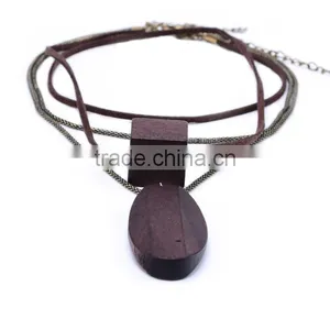 Multi Strand Geometric Wood Bead Pendant Necklace Long Wooden Beads Sweater Necklace Layered Suede Leather Chain Necklace thumbnail-5