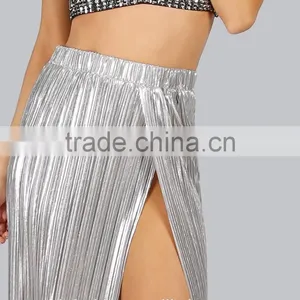 Long Split Women Pleated Long Skirt Sliver Color High Waist Maxi Skirt New Arrive thumbnail-5