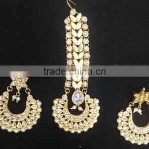 Kundan Jadau Earring Tikka Gold Plated Chand Bali Set thumbnail-1