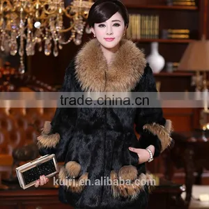 Hot Selling Korean Real Rex Rabbit Fur Coat With Raccoon Fur Collar Low Price Pc-140 thumbnail-1