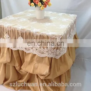 Champagne Satin and Lace Banquet Gathered Table Skirts thumbnail-3