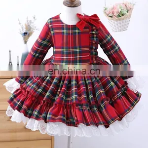 Baby Girl Autumn Winter Red Plaid Lolita Dress Vintage Spanish Ball Princess Kids Christmas Birthday Ball Gown Dress thumbnail-1