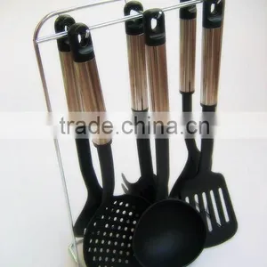 Passing SGS Senior 7-pieces Black Nylon Kitchen Utensil Set With Stainless Steel Hollow Handle and Metal Stand 001A thumbnail-1