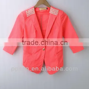 Fashion Spring Neon Color Ladies'casual Tail Suit,fashion Ladies'jacket With Pearl on Shoulder and Accessory Zipper on Back thumbnail-2