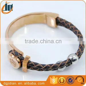 Fashion Rose Gold Bracelet and Black Leather Stainless Steel Bangle thumbnail-1