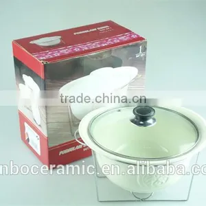 Ivory Oval Ceramic/porcelain Soup Tureen Pot Embossed With Glass Lid Metal Stand & Color Gift Box for Promotion thumbnail-2