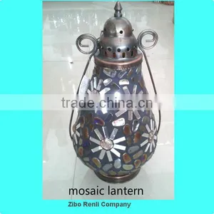 Flower Patterns Metal Hanging Colored Glass Pebbles Mosaic Lantern thumbnail-1