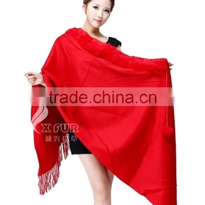 CX-B-P-34C Fur Trimmed Cape Fashion Cashmere Scarf thumbnail-4