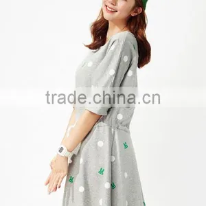 Female Money Shallow Hemp Grey Knitted Rabbit Dot Printing on the Waist Rope Bat Sleeve Dress thumbnail-5