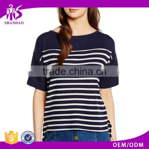 2017 Guangzhou Wholesaler 180g 95% Cotton 5% Polyester Summer Stripe Short Sleeve Waffle T Shirt Woman thumbnail-1