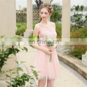 HS1616 Knee Length Evening Party Pink Flower Appliqued Bridal Dress Bridesmaid Gowns thumbnail-2