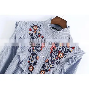 China Supplier Long Sleeve Stand Collar Striped Embroidery Shirts Women Tops and Blouses thumbnail-3