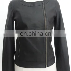 Ladies O'neck Black Leather Jacket thumbnail-1