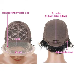 Pixie Cut Wig Short Bob Curly Human Hair Wigs Cheap 13X1 Transparent Lace 99J Burgundy Water Deep Wave Lace Front Wig For Women thumbnail-5