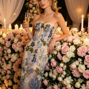 Evening Gown, Socialite Strapless Mesh Floral Embroidered Long Dress, Banquet Party Dress thumbnail-3