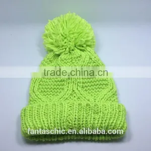 Winter Fluorescent Col Chunky Cable Knitted Hat Beanie With Big Pompon for Kid and Lady thumbnail-1