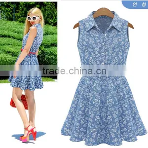 2014 New Design Denim Floral Print Sleeveless Dress , Polo Collar Dress thumbnail-1