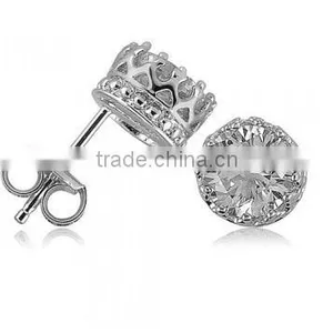 JINSE Sterling Silver 925 Crown Round Cubic Zirconia CZ Solitaire Earrings thumbnail-1
