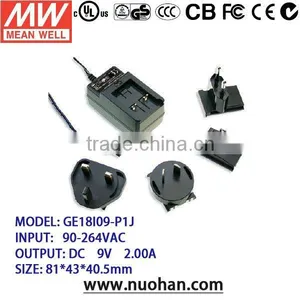Meanwell 12 ~ 18 WAC-DC Single Output Interchangeable Wall-mounted Type 18w Switching Power Supply/9v 2a Switching Power Supply thumbnail-1