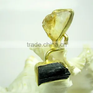Citrine & Tourmaline Rough Natural Gemstone Ring, 925 Solid Sterling Silver Ring, Designer Vermeil Bezel Ring thumbnail-3