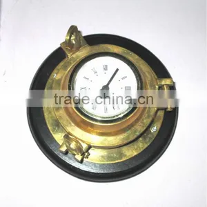 Brass Polished Port Hole Clock Wood Base, Porthole Wall Clock thumbnail-1