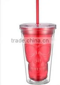 Skull Shaped Inner Wall Plastic Wine Tumbler With Straw Lid thumbnail-3
